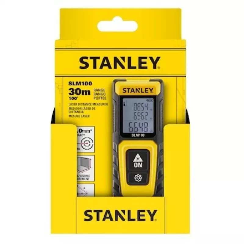 Atstumo matuoklis STANLEY SLM100 — lazerinis nuotolis 30 m, kompaktiškas rankinis matavimo prietaisas
