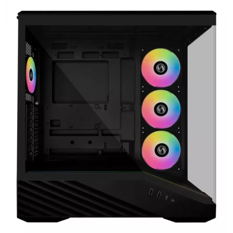 Kompiuterio korpusas Lian Li Vector V100 Midi Tower — juodas su permatomu skydeliu, palaiko 3×120 mm šoninius + 1×120 mm galinį ventiliatorius, 3,5 colio HDD, 2,5 colio SSD, 235,5×446×484,6 mm