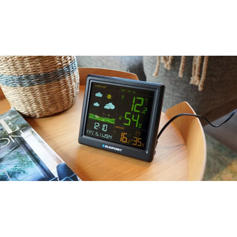 Oro stotis BLAUPUNKT WS25BK — vidaus/lauko temperatūros ir drėgmės monitorius, juoda, 1 jutiklis, LCD ekranas