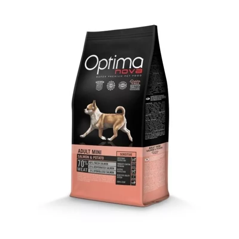 Sausas šunų ėdalas Optimanova Adult Mini Sensitive Salmon & Potato 2 kg — mažiems suaugusiems šunims su jautriu virškinimu