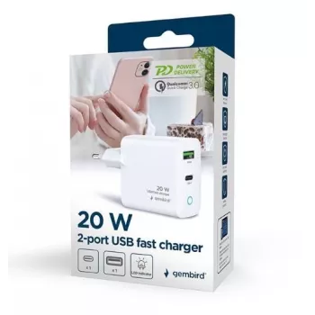 Alimentator Retea 220V GEMBIRD, Universalus, 1 X USB Type-C D 20W, 1 X USB-A 3.0 QC 18W, LED indikatorius, balta