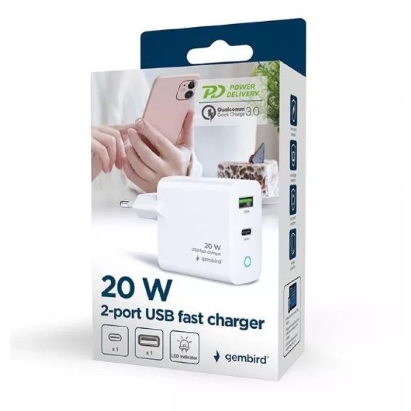 Alimentator Retea 220V GEMBIRD, Universalus, 1 X USB Type-C D 20W, 1 X USB-A 3.0 QC 18W, LED indikatorius, balta