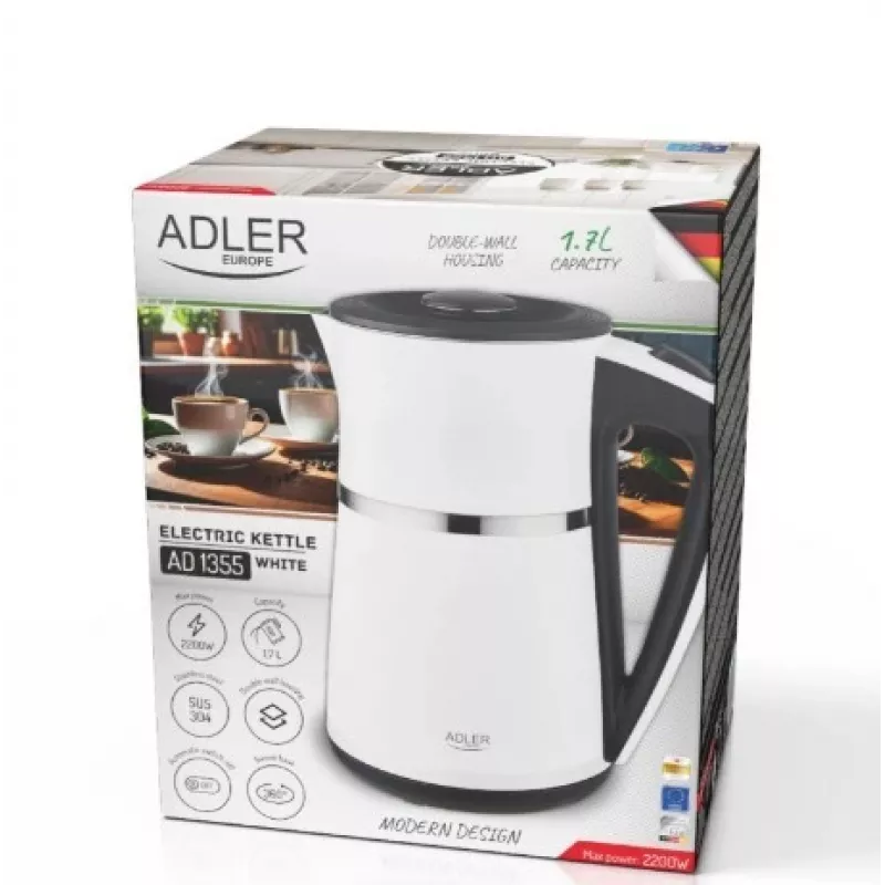 Elektrinis virdulys Adler 1,7 l 1355 W baltas dvigubomis sienelėmis