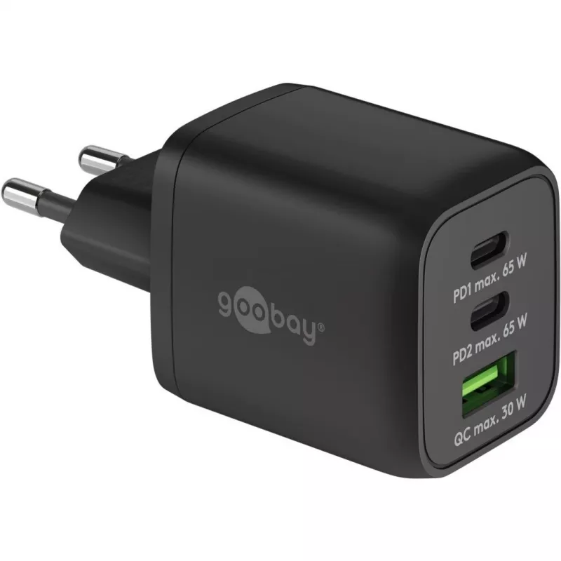 USB-C greitasis įkroviklis Nano, PD, GaN, 65 W, USB-C pintas laidas (juodas, 1x USB-A, 2x USB-C PD, greitasis įkrovimas 3.0, 1 metro laidas)