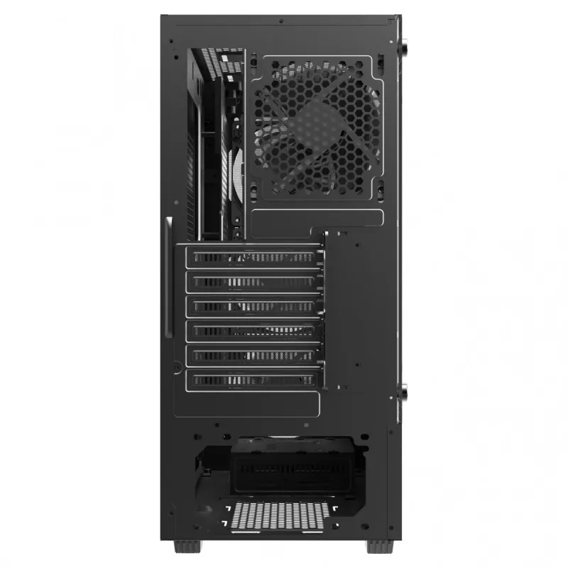 Kompiuterio korpusas SAVIO Noctis Flow — Cube Mini‑ITX/Micro‑ATX/ATX, 3x120mm priekyje, 1x120mm gale, 2x3.5 colio + 3x2.5 colio lizdai, grūdintas stiklas