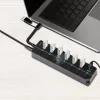 USB 3.2 Gen1 7 prievadų šakotuvas su atskirais jungikliais, juodas