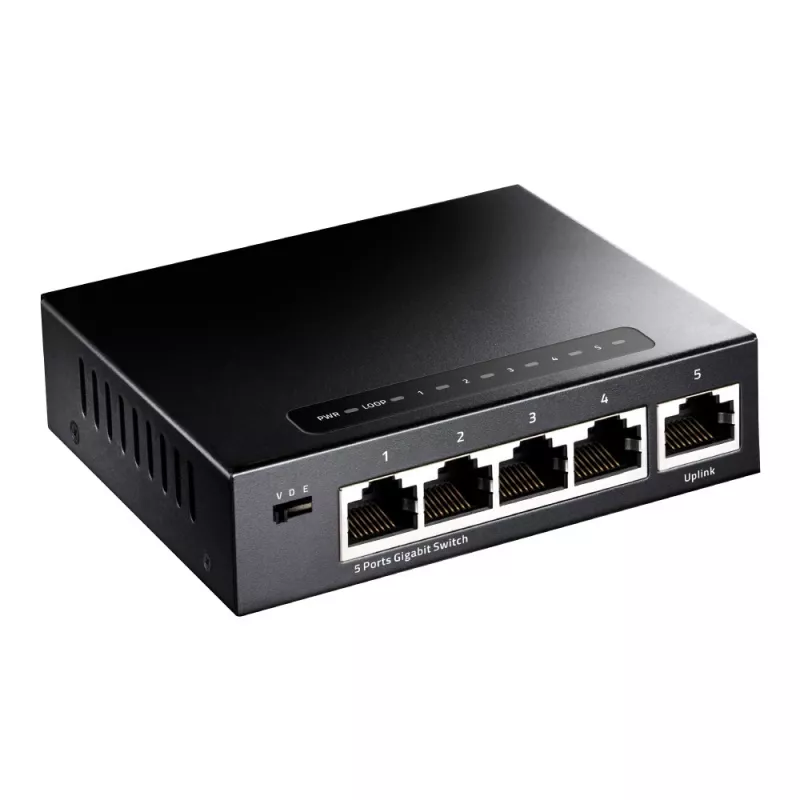 Tinklo jungiklis Cudy GS105 — 5 prievadų Gigabit Ethernet (10/100/1000), juodas, 5 V DC maitinimas įtrauktas
