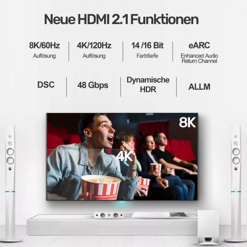 HDMI laidas Unitek C138W 2 m — HDMI 2.1, 48 Gbit/s, 4K/120Hz, HDR10 & Dolby Vision, ARC, paauksuotos jungtys