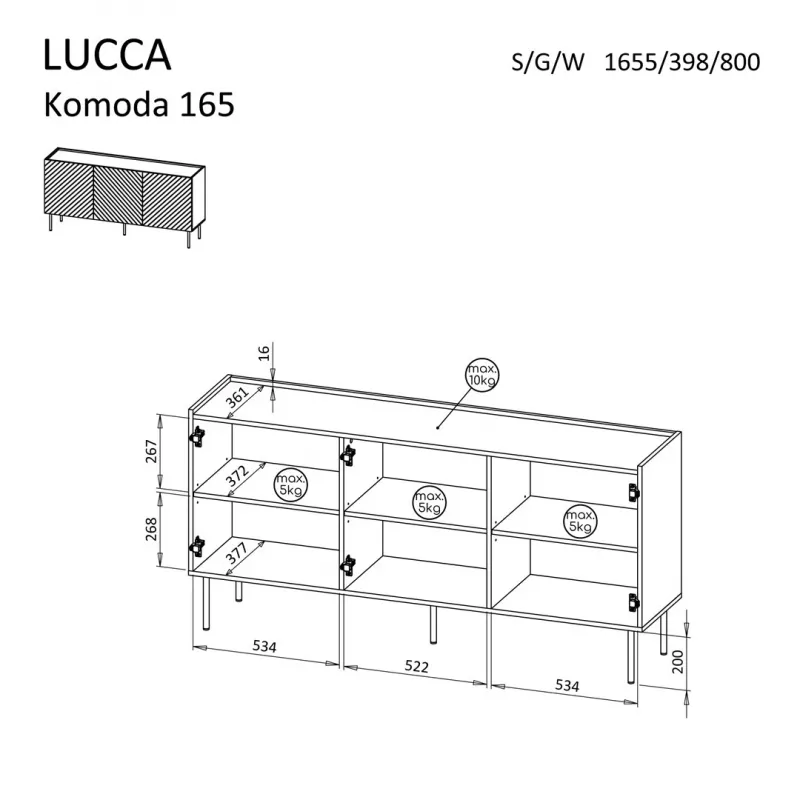 Komoda Cama Meble LUCCA 3D 165x40x80 cm, balta, medžio drožlių plokštės korpusas