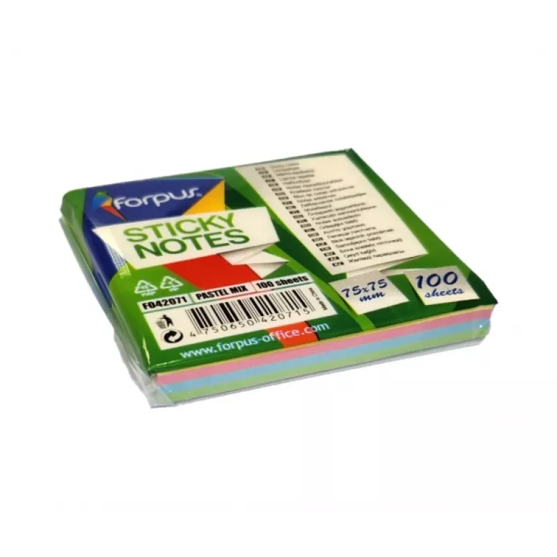 Lipnūs lapeliai FORPUS FO42071 75×75 mm, bloknotas iš 4 pastelinių spalvų mišinio