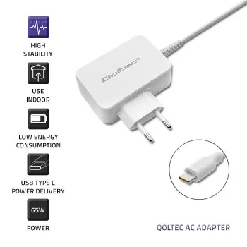 Maitinimo adapteris QOLTEC 51039 65W AC-to-DC 220–240V 20.3V/3.25A Type C balta, 1.7 m kabelis