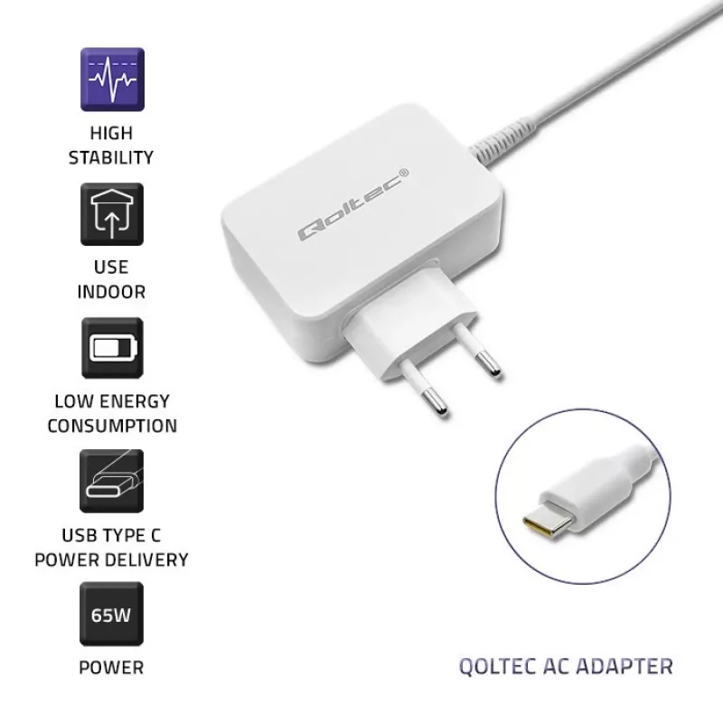Maitinimo adapteris QOLTEC 51039 65W AC-to-DC 220–240V 20.3V/3.25A Type C balta, 1.7 m kabelis