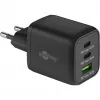 USB-C greitasis įkroviklis Nano, PD, GaN, 65 W, USB-C pintas laidas (juodas, 1x USB-A, 2x USB-C PD, greitasis įkrovimas 3.0, 1 metro laidas)