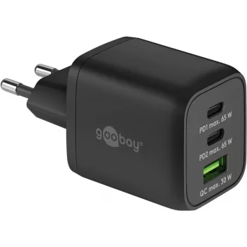 USB-C greitasis įkroviklis Nano, PD, GaN, 65 W, USB-C pintas laidas (juodas, 1x USB-A, 2x USB-C PD, greitasis įkrovimas 3.0, 1 metro laidas)