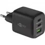 USB-C greitasis įkroviklis Nano, PD, GaN, 65 W, USB-C pintas laidas (juodas, 1x USB-A, 2x USB-C PD, greitasis įkrovimas 3.0, 1 metro laidas)