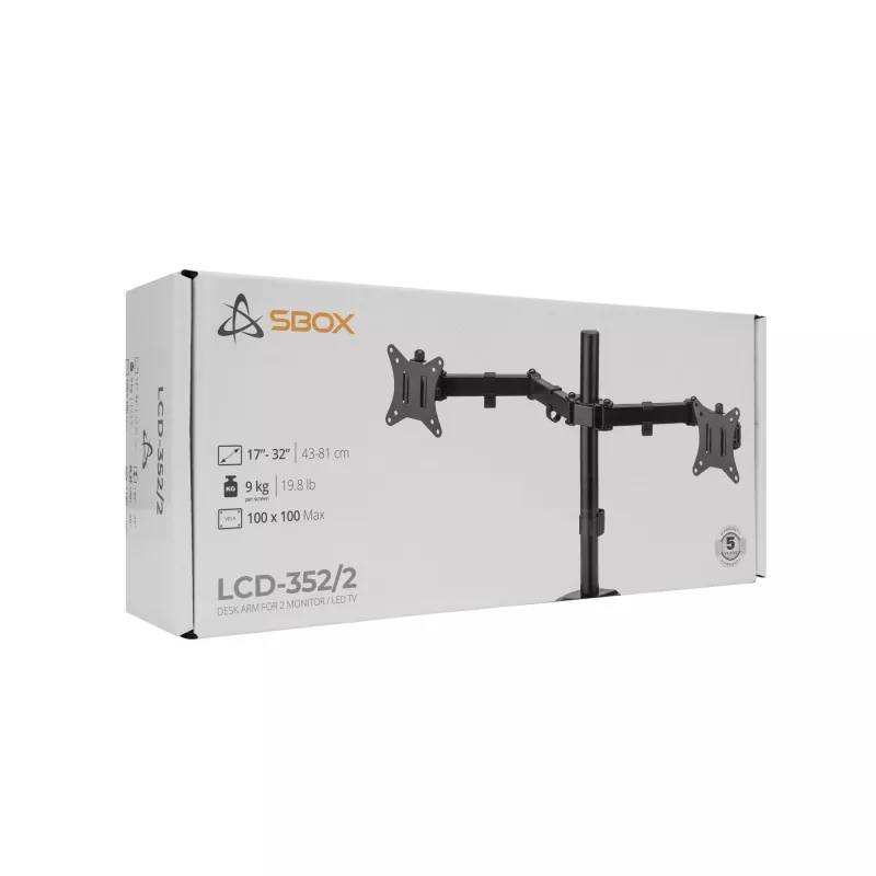 Monitoriaus sieninis laikiklis SBOX LCD-352/2-2 13–32 colių ekranams, dviguba svirtis, 2×8 kg apkrova, VESA 100×100