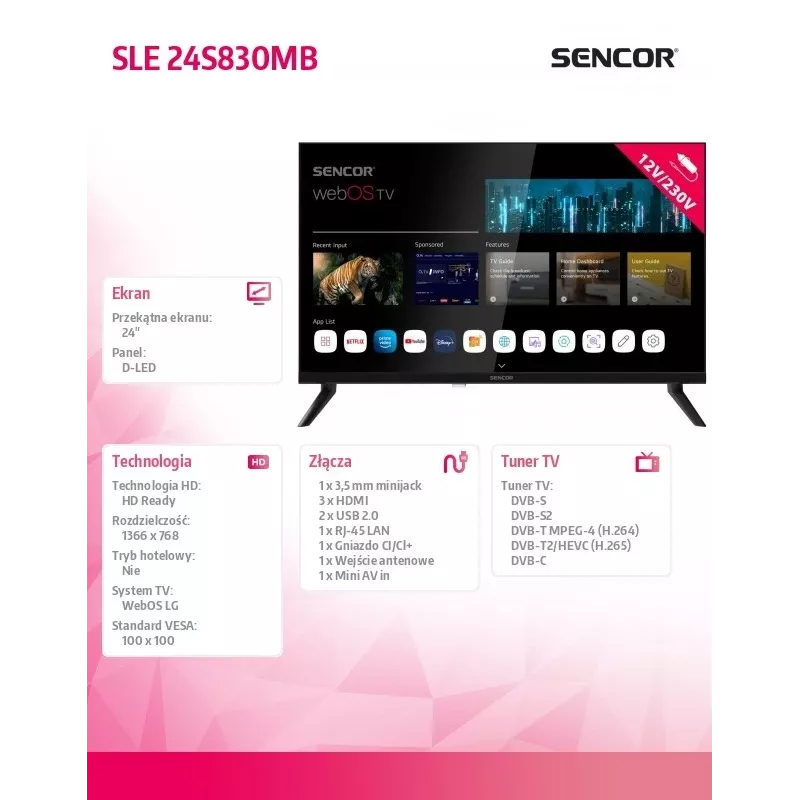 24 col. LED išmaniojo ekrano televizorius SENCOR SLE 24S830MB — HD raiška, energijos klasė E