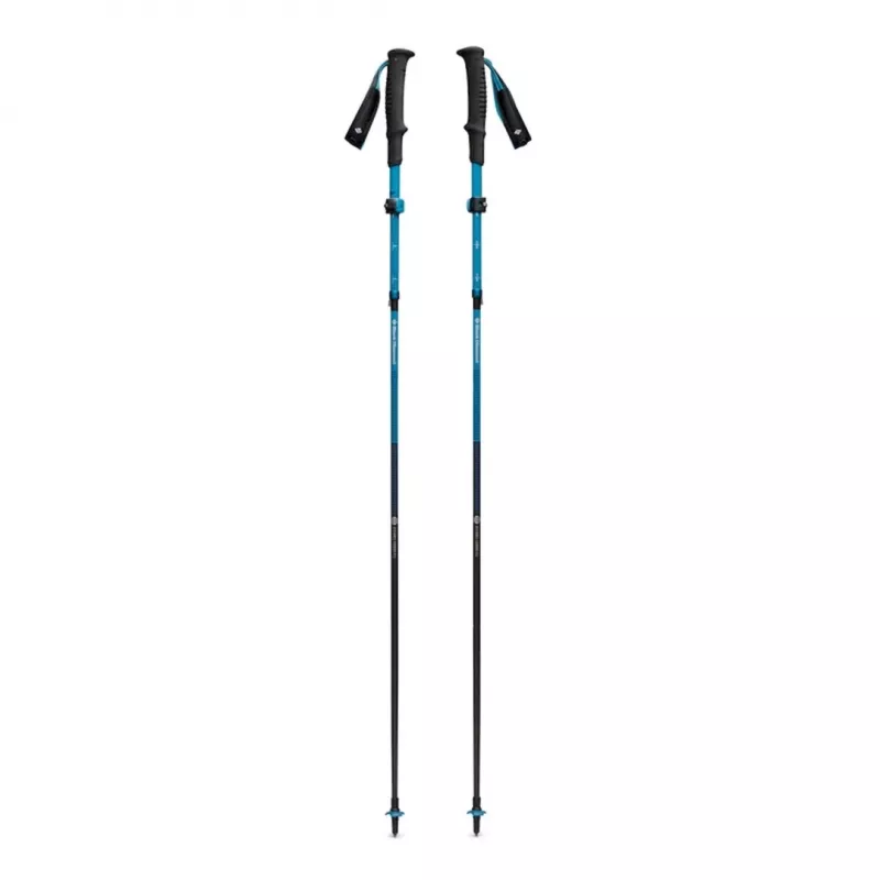 Trekking lazdos Juoda Diamond Distance Carbon FLZ — sulankstomos anglies pluošto, reguliuojamos 125–140 cm, 3 segmentų, 364 g, 40 cm sulankstytos