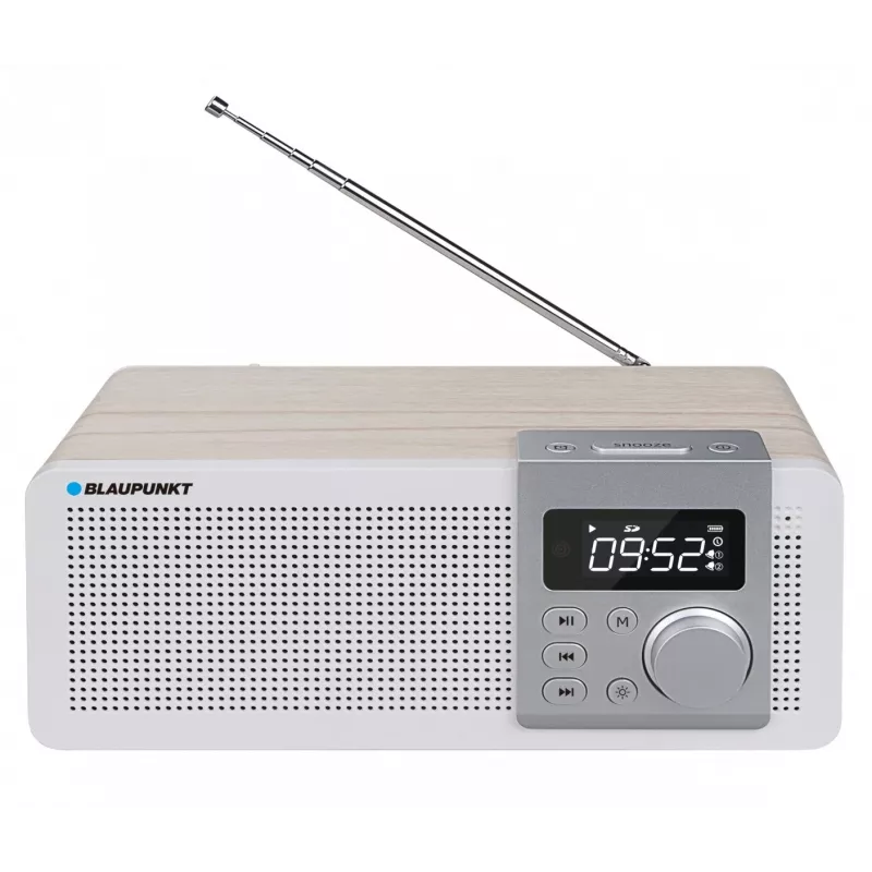 Nešiojamas radijo imtuvas BLAUPUNKT PP14BT su Bluetooth, MP3, MicroSD, USB ir žadintuvu — 6 W, baterija / kintamoji srovė, 230×118×90 mm