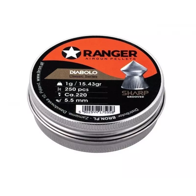 Šratukai RANGER PRORO 5,5 mm, diabolo formos, sidabriniai, 250 vnt., aliuminio dozatorius