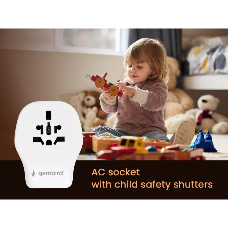 Sieninis kelioninis adapteris GEMBIRD TPA-1A2C20-02-W 20W — 1×USB-A + 2×USB-C, Type G kištukas, 100–250V, baltas