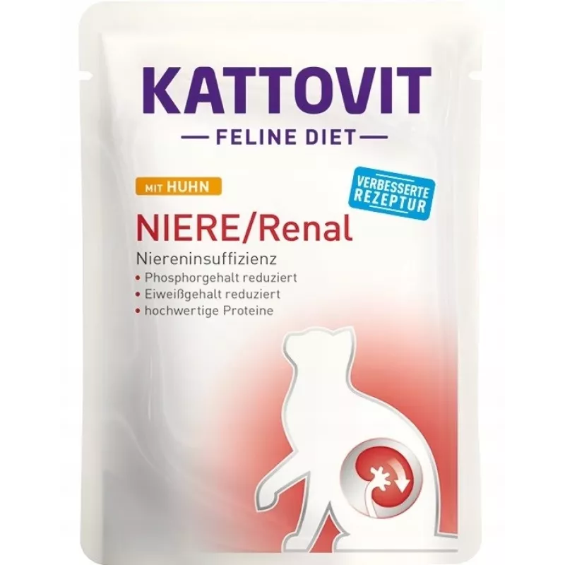 Šlapias kačių maistas KATTOVIT Niere/Renal 85 g paketėlis — 12 x 85 g, paukštiena (jautiena, vištiena, antis, kalakutiena) suaugusioms katėms, turinčioms inkstų nepakankamumą
