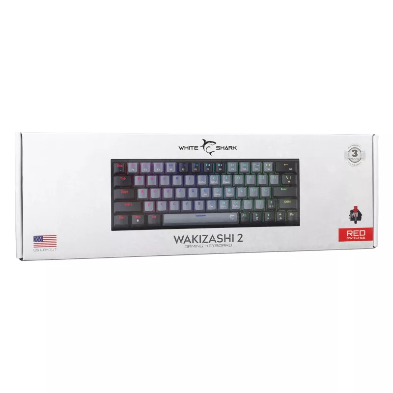 Mechaninė žaidimų klaviatūra White Shark WAKIZASHI-2, US išdėstymas, pilkai juoda su raudonais jungikliais