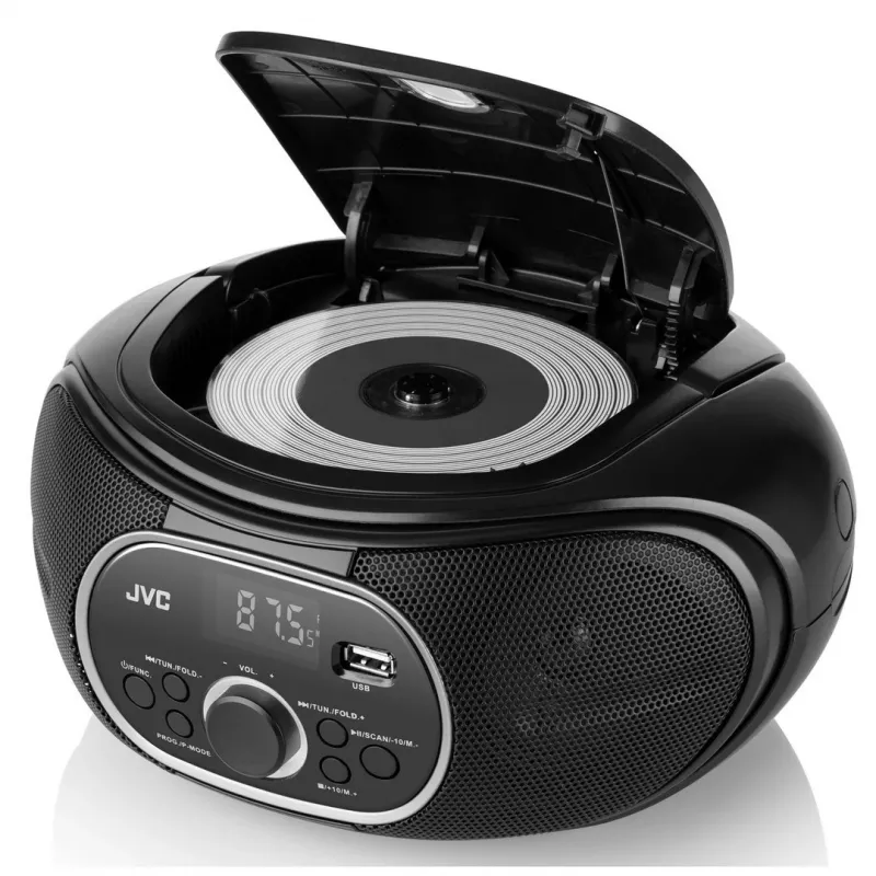 Nešiojamasis CD grotuvas JVC RD‑E221B — juodas, CD/MP3, kasetinis denis, USB atkūrimas, FM radijas, AUX, maitinamas iš tinklo / baterijų