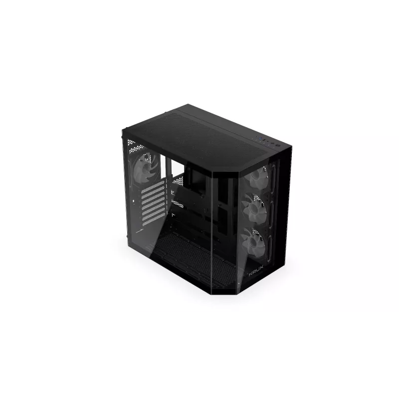 Kompiuterio korpuso bokštas KRUX Empero KRXD010, ATX, juodas – palaiko vaizdo plokštes iki 420 mm, CPU aušintuvus iki 155 mm, 2× 3,5 colio + 3× 2,5 colio lizdai
