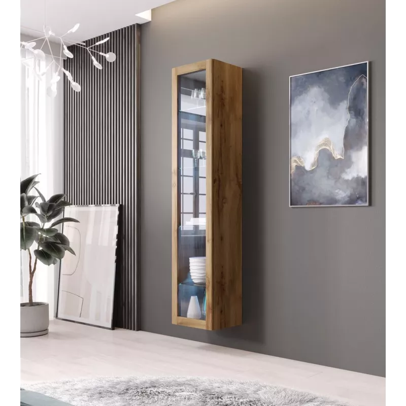 Vitrina Cama Meble VIGO 180 — montuojama prie sienos stiklinė spinta, 1800×400×300 mm, wotan ąžuolas
