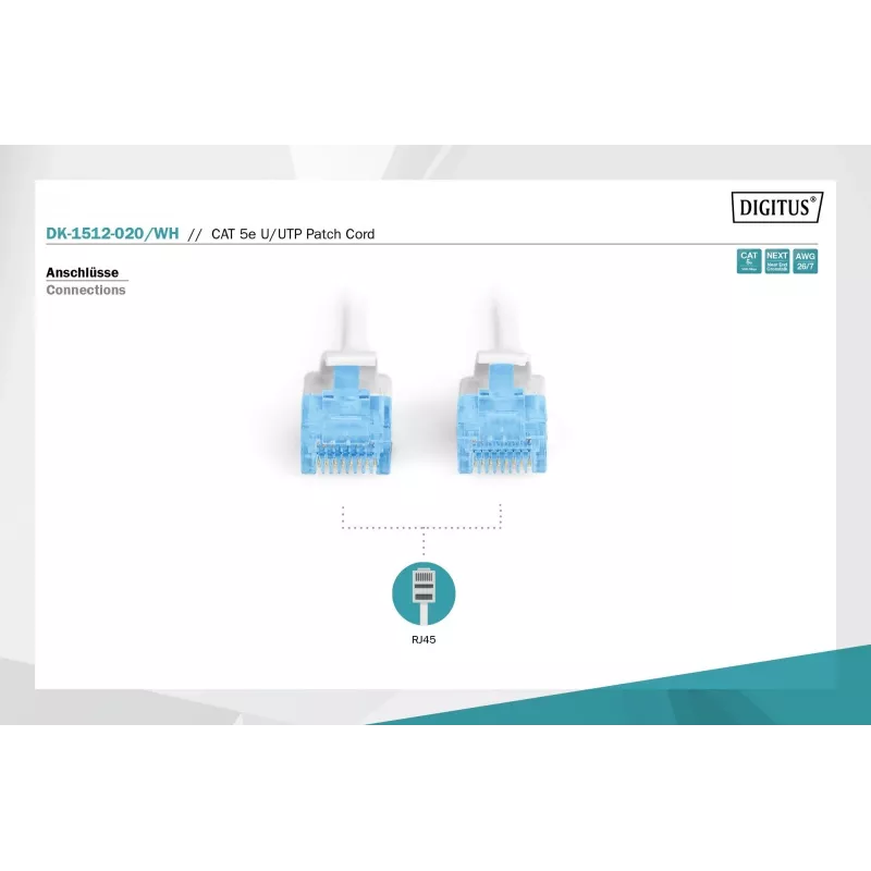 Tinklo kabelis Digitus CAT 5e U/UTP RJ-45 2m Baltas