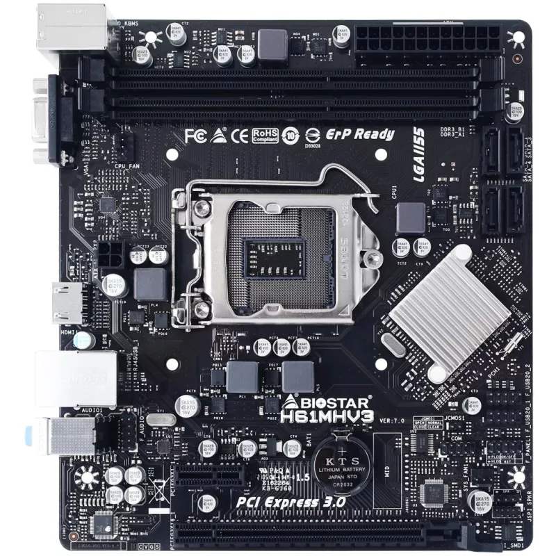 Pagrindinė plokštė BIOSTAR H61MHV3 micro ATX, Intel H61 mikroschemų rinkinys, LGA 1155, DDR3, 2x DIMM, 4x SATA II, HDMI, VGA