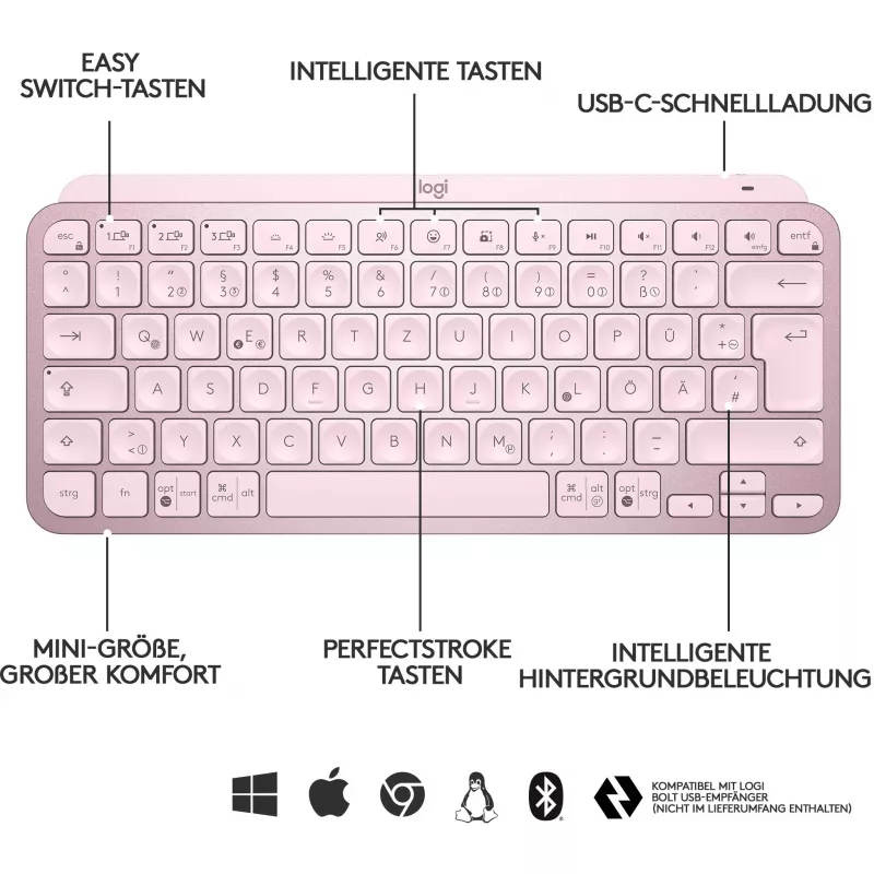 Logitech MX Keys Mini Minimalist Wireless Illuminated klaviatūra - ROSE - CENTRAL (DE)