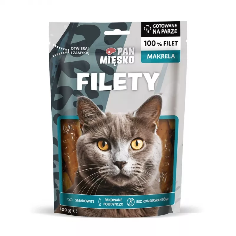 Drėgnas kačių skanėstas Pan Miesko Mackerel Fillets suaugusioms 100 g — vienos porcijos žuvies filė, 25 % baltymų, 70 % drėgmės