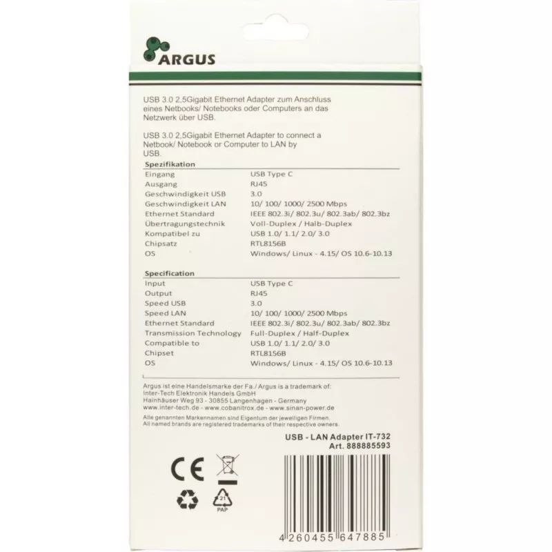 Ethernet adapteris Inter-Tech IT-732 2500 Mbit/s USB Type-C laidinis