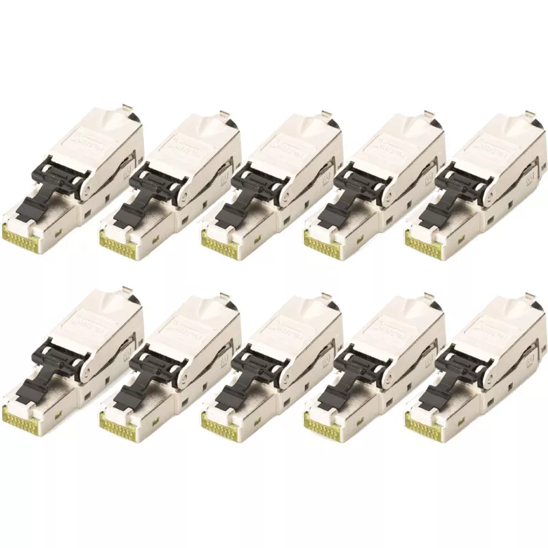 Field Termination Plug DIGITUS CAT 6A STP RJ-45 vyriškas su dulkių gaubteliu ir lenkimo apsauga — pakuotė po 10 vnt.