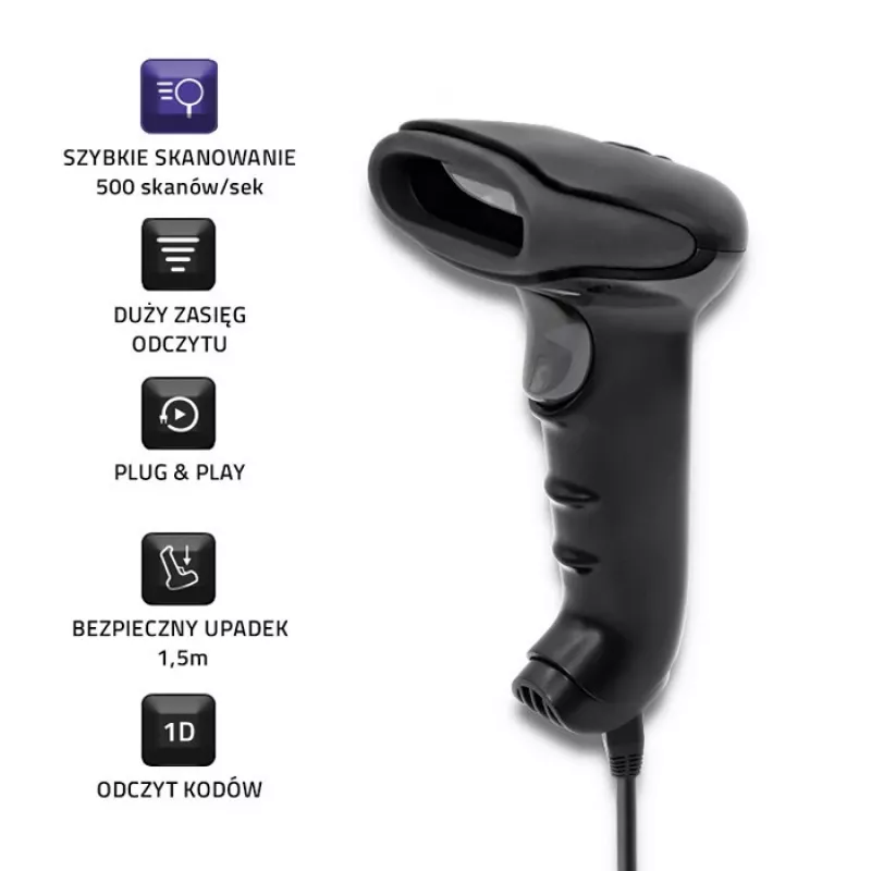 Rankinis brūkšninio kodo skaitytuvas QOLTEC 50866 — 1D lazerinis skaitytuvas, USB laidinis, 600 mm diapazonas, juodas, 161,5×88×77 mm