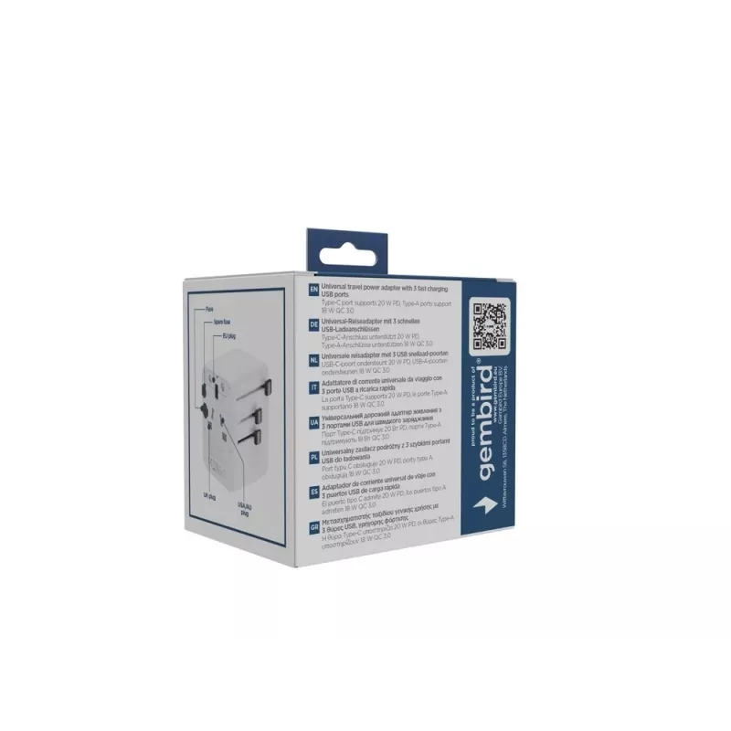 Kelioninis maitinimo adapteris GEMBIRD TPA-1A2C20-01-W — 20 W, USB-A (18 W) + 2× USB-C (20 W), Type E kištukas, baltas