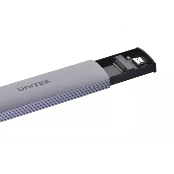 M.2 SSD korpusas Unitek uDrive Pilka — M.2 (2230/2242/2260/2280), NVMe/SATA III, USB-C 10 Gbit/s, aliuminis