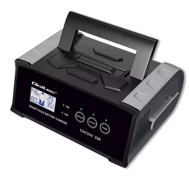Baterijų įkroviklis QOLTEC 52514 — 12V/24V, 25A, AGM/GEL/SLA baterijoms su LCD ekranu