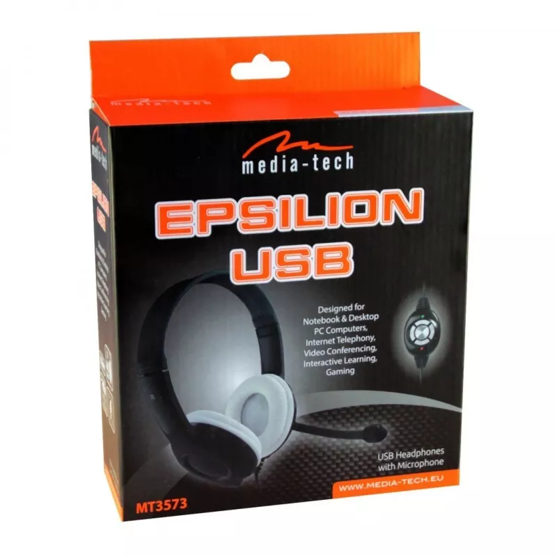 Ausinės MEDIA-TECH MT3573 laidinės binauralinės sulankstomos su strėliniu mikrofonu, 1,9 m kabeliu, USB, juodos