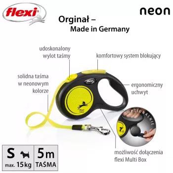 Ištraukiamas pavadėlis Flexi New NEON 5 m - juostinis pavadėlis, mažiems šunims iki 15 kg, juoda/geltona