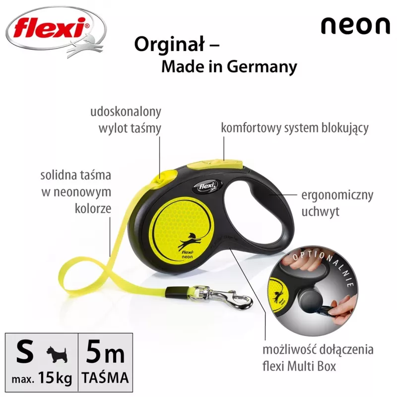 Ištraukiamas pavadėlis Flexi New NEON 5 m - juostinis pavadėlis, mažiems šunims iki 15 kg, juoda/geltona