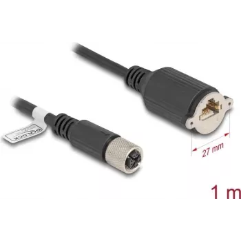 Tinklo kabelis DeLOCK M12 laidas X koduotas 8 kontaktų kištukinė jungtis į RJ45 lizdą Cat.6A 1 m Juoda