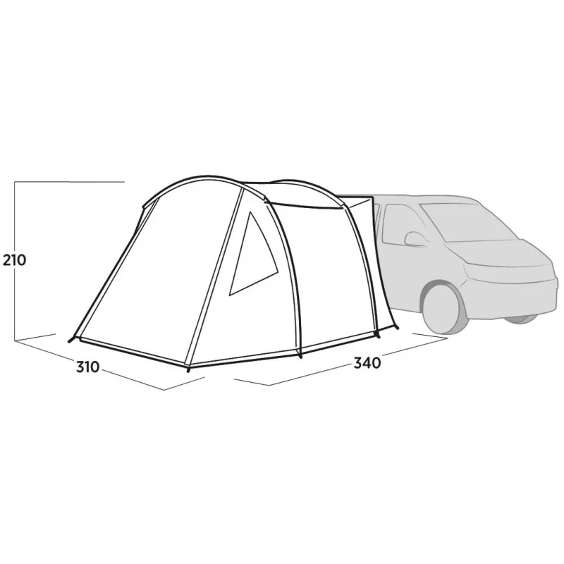 Drive-away tentas easy camp Eidfjord Pilka — standus rėmas, 3400×3100×2100 mm, 3 m atsparus vandeniui