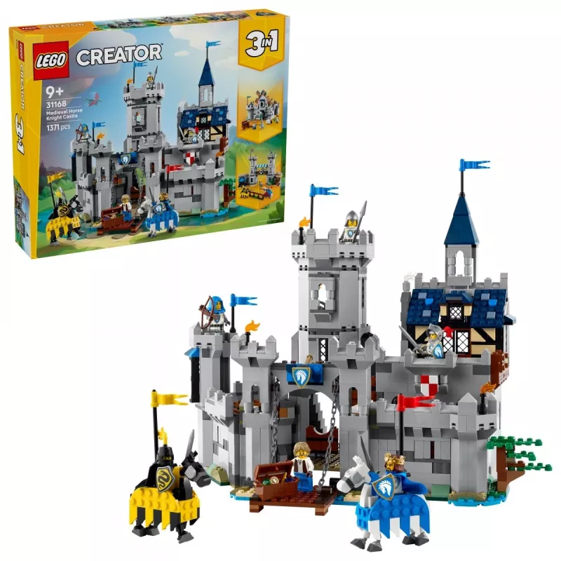 Konstruktorius LEGO Creator 3-in-1 viduramžių riterio pilies rinkinys 31168 — 1371 dalis, 6 mini figūrėlės, amžius 9+