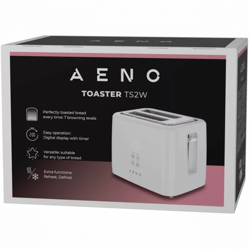 Skrudintuvas AENO ATS0002W 2 lizdų, 780–930 W, 220–240 V 50–60 Hz, 3 režimai, 7 skrudinimo lygiai, Balta
