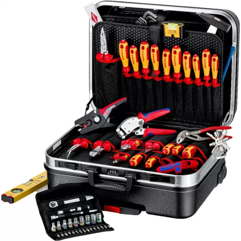 Mechanikos įrankių rinkinys Knipex 00 21 06 — 68 įrankiai, su ilgosiomis replėmis ir vandens pompos replėmis, raudoni/geltoni įrankiai, juodas lagaminas (515×438×265 mm)