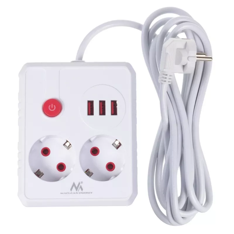 Maitinimo lizdų blokas MACLEAN MCE388 W — 2 lizdai, 3×USB, 110–240V, 2500W, 3 m laidas, baltas