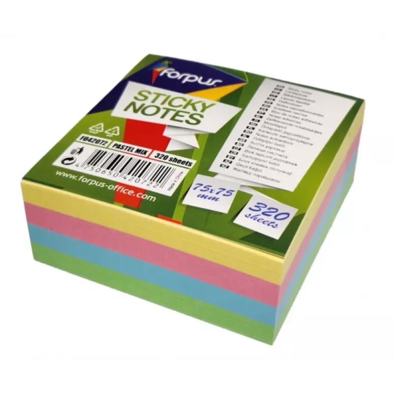 Lipnieji lapeliai Forpus, 75x75 mm, 4 pastelinių spalvų mišinys, kubas (1x320)